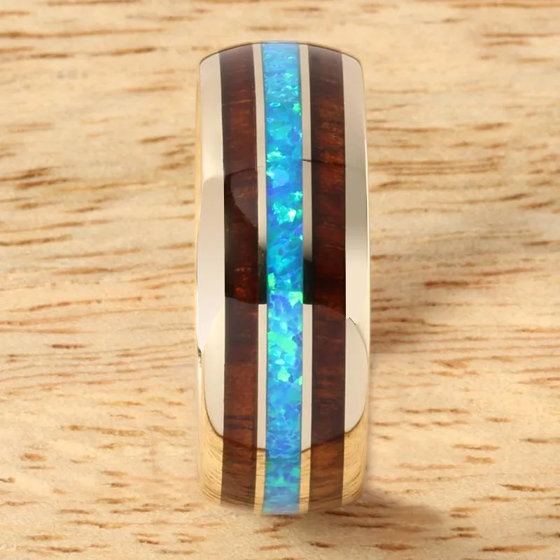 10K Yellow Gold Natural Koa Wood and Opal Triple Row Oval Wedding Ring 8mm