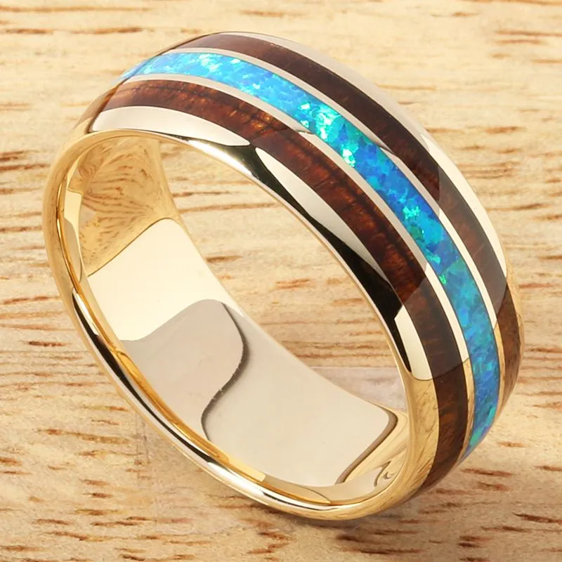 10K Yellow Gold Natural Koa Wood and Opal Triple Row Oval Wedding Ring 8mm