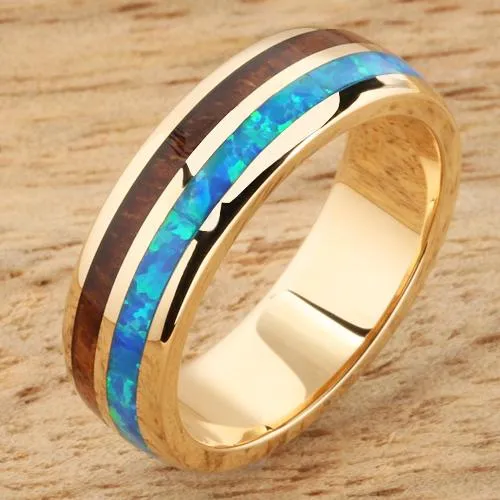 14K Yellow Gold Natural Koa Wood and Opal Half/Half Oval Wedding Ring 6mm