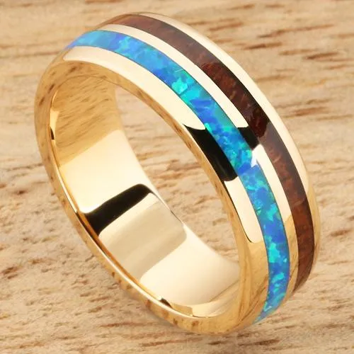 14K Yellow Gold Natural Koa Wood and Opal Half/Half Oval Wedding Ring 6mm