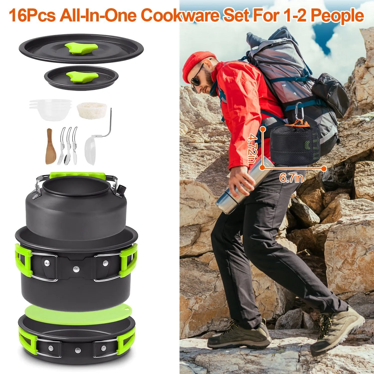 16Pcs Camping Cooking Ware Set Camping Stove Cookware Kit Aluminum Pot Pan Kettle Set with Bowls Knife Fork Spoon Carabiner Spatula Cutting Board for Hiking Picnic Outdoor