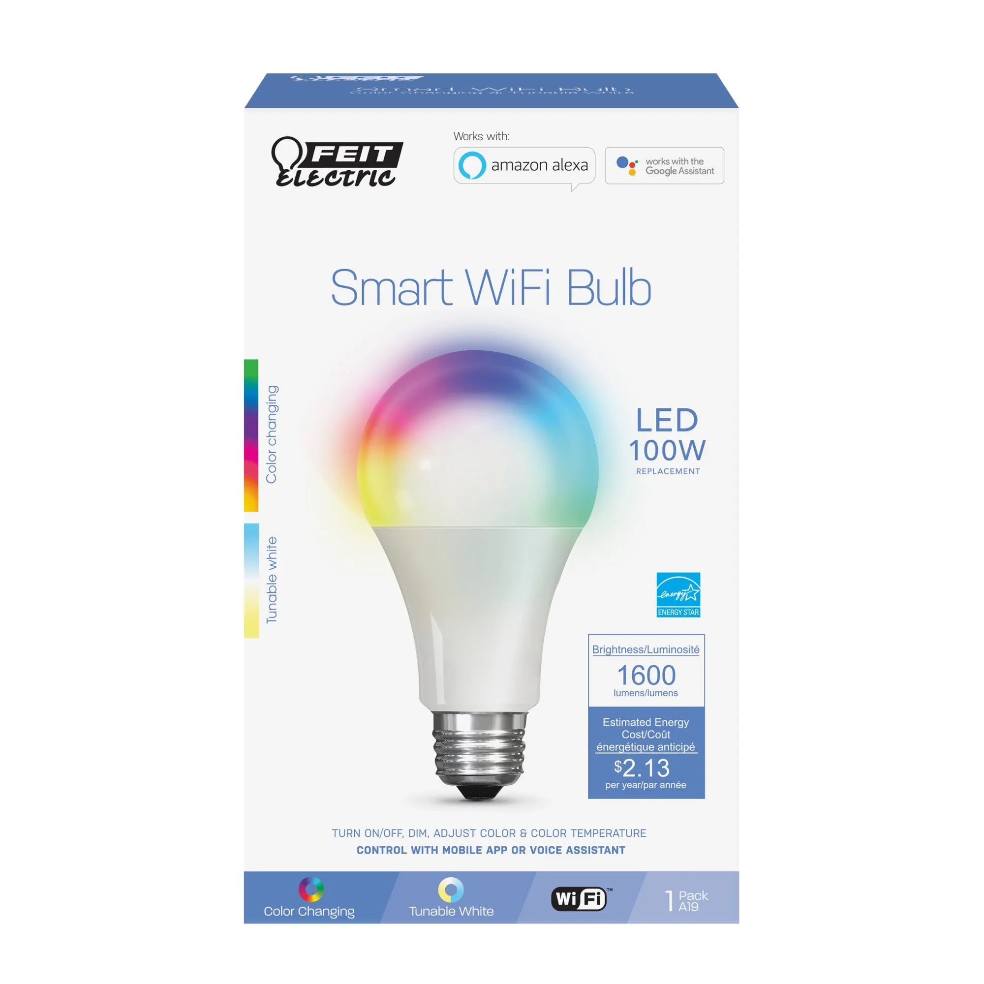 17.7W (100W Replacement) RGBW A21 (E26 Base) Dimmable Alexa Google Smart Wi-Fi LED Bulb