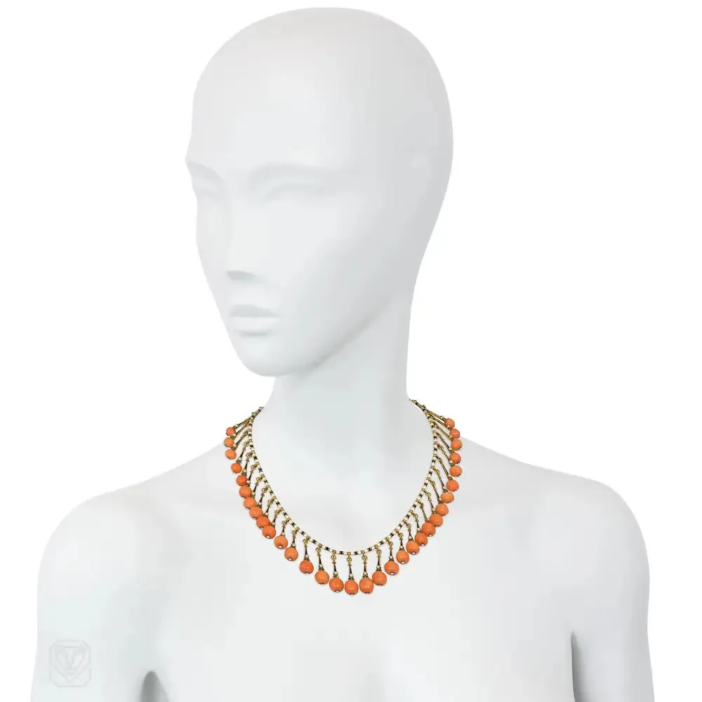 Antique Giuliano coral and pearl fringe necklace with cross pendant en suite