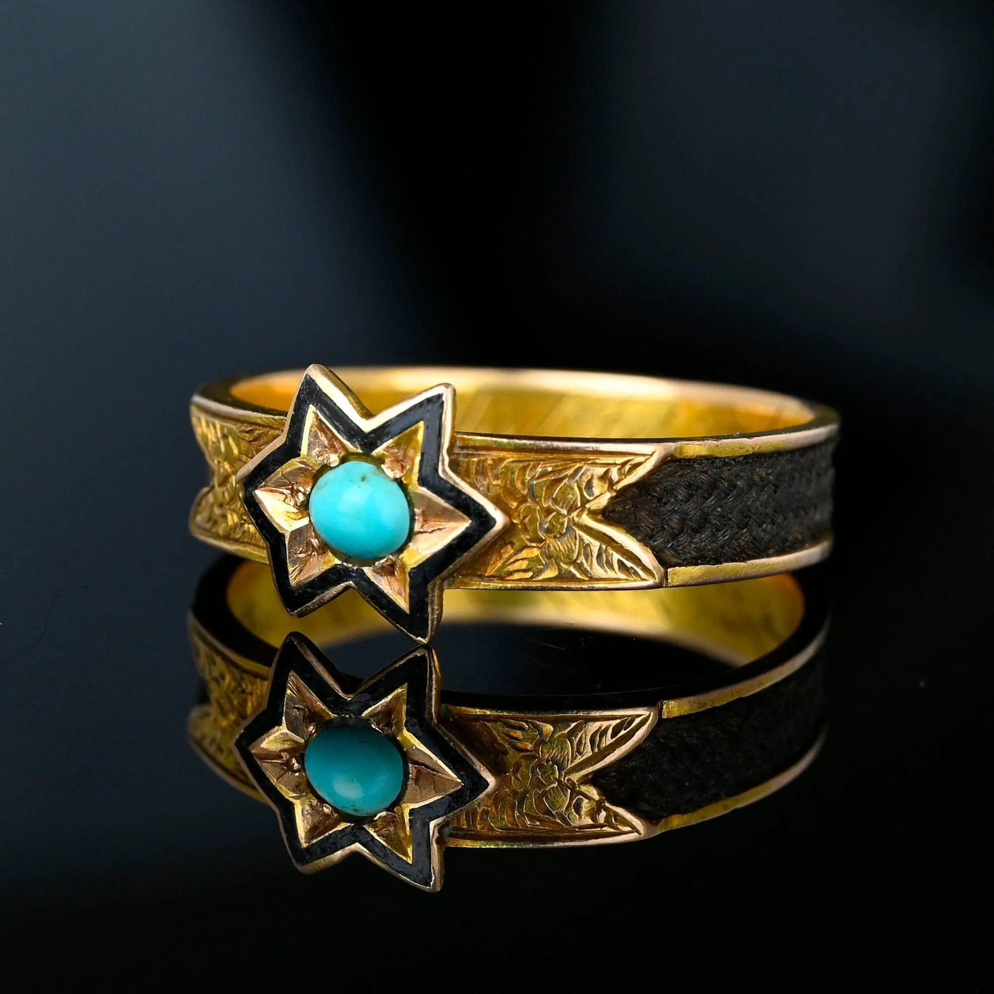 Antique Victorian 14K Gold Turquoise Star Ring Band, Mourning Jewelry