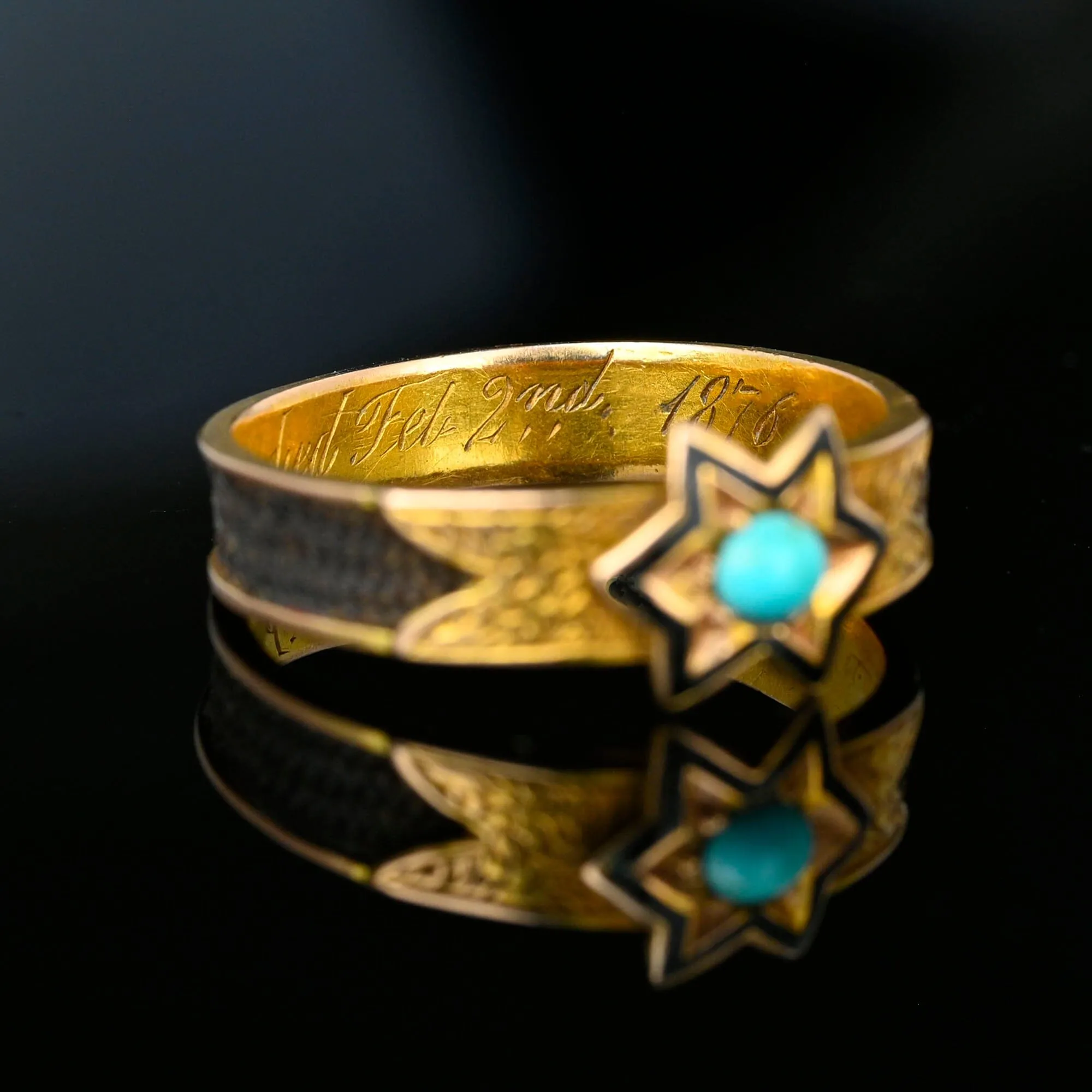 Antique Victorian 14K Gold Turquoise Star Ring Band, Mourning Jewelry