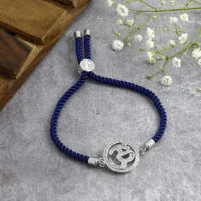 Aum Om Silver Blue American Diamond Adjustable Thread Bracelet