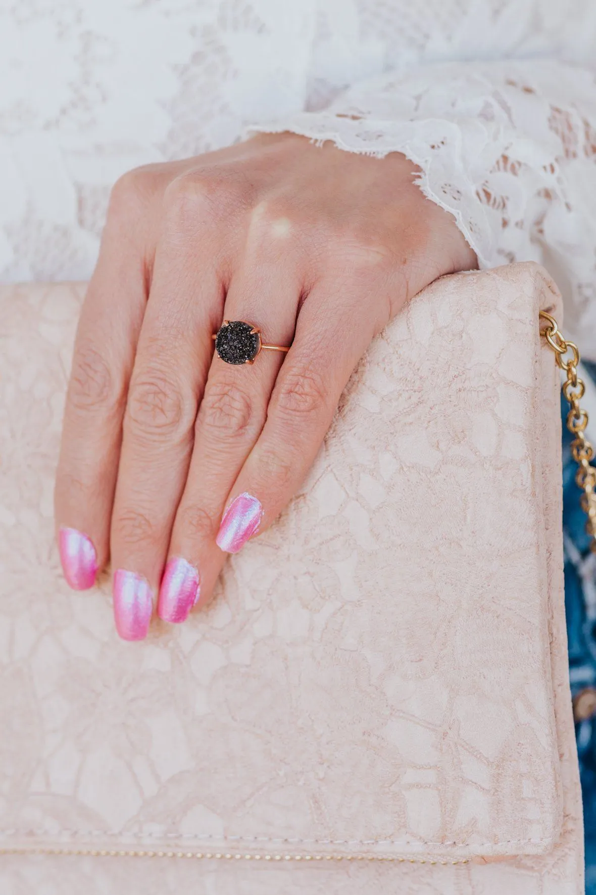 Black Druzy Adjustable Dreams Rose Gold Ring