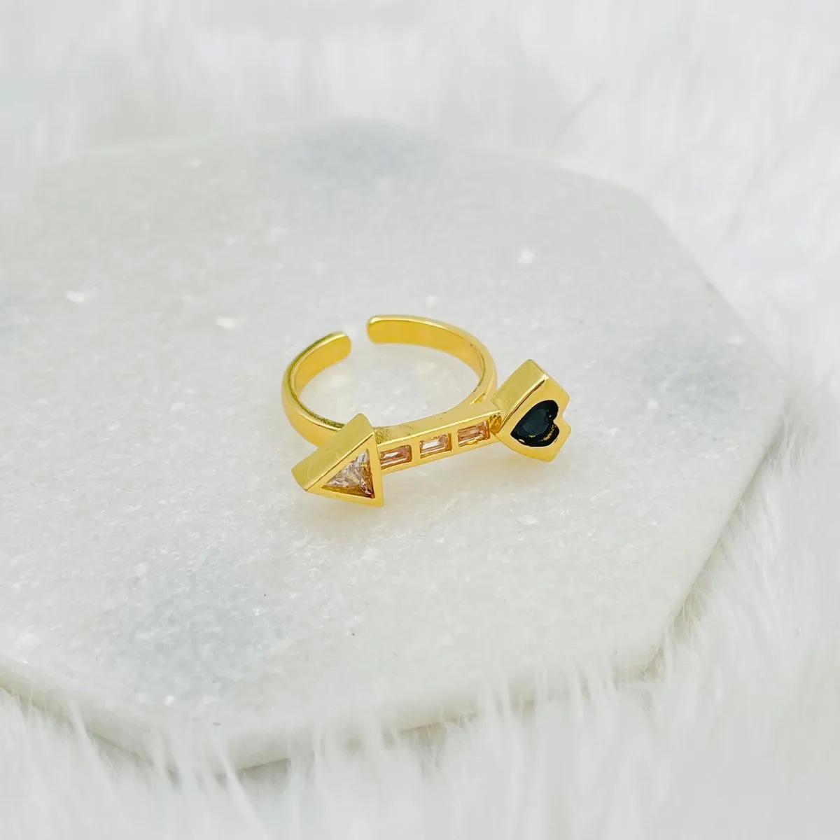 Black Heart Arrow Love Cubic Zirconia 18K Gold Free Size Ring for Women