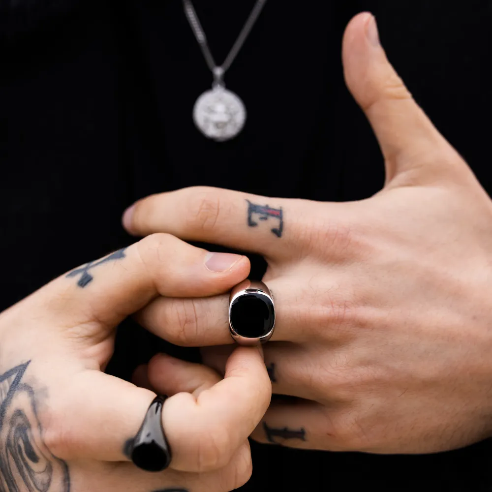 Black Polished Signet Ring - Silver