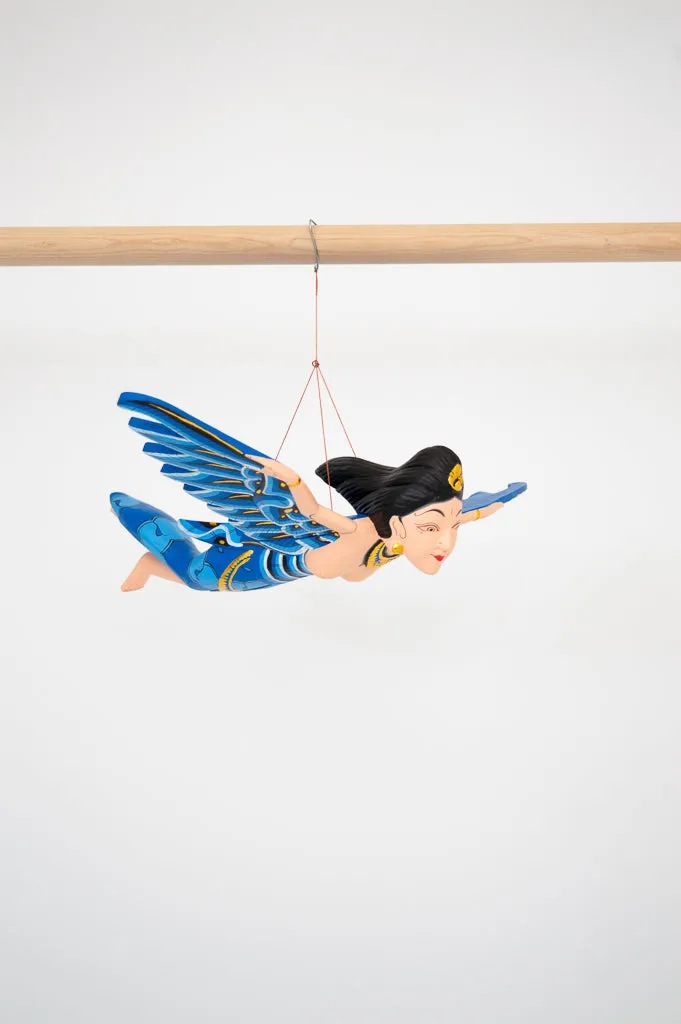 Blue Dewi Sri Goddess Flying Angle Hand Painted Sculpture