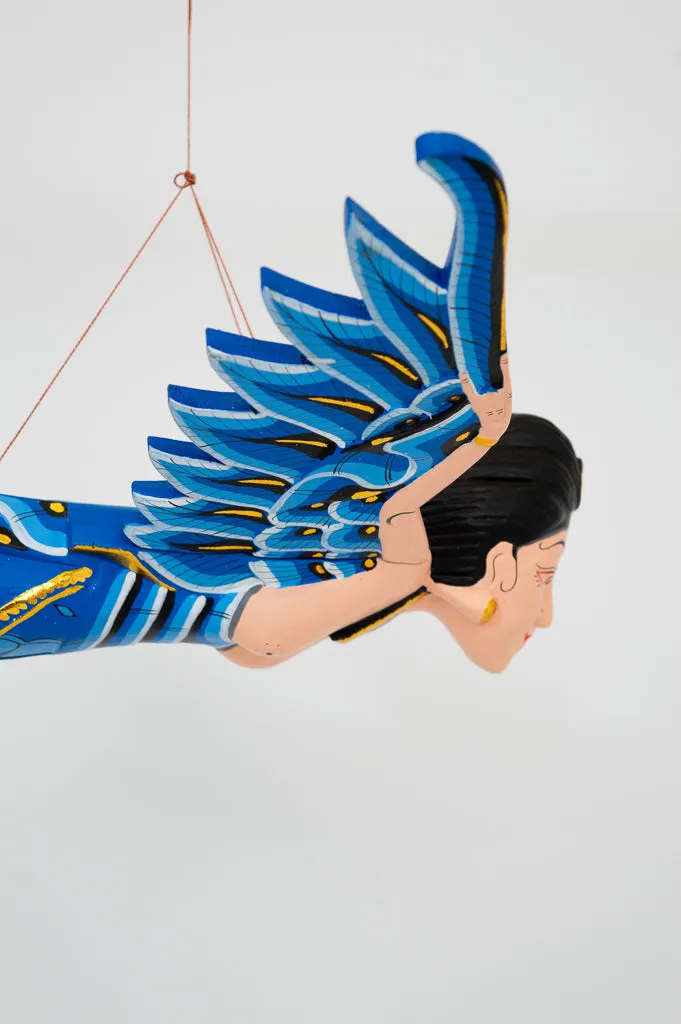 Blue Dewi Sri Goddess Flying Angle Hand Painted Sculpture