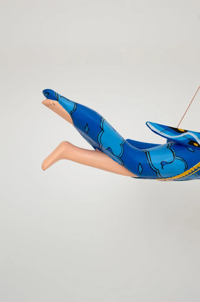 Blue Dewi Sri Goddess Flying Angle Hand Painted Sculpture