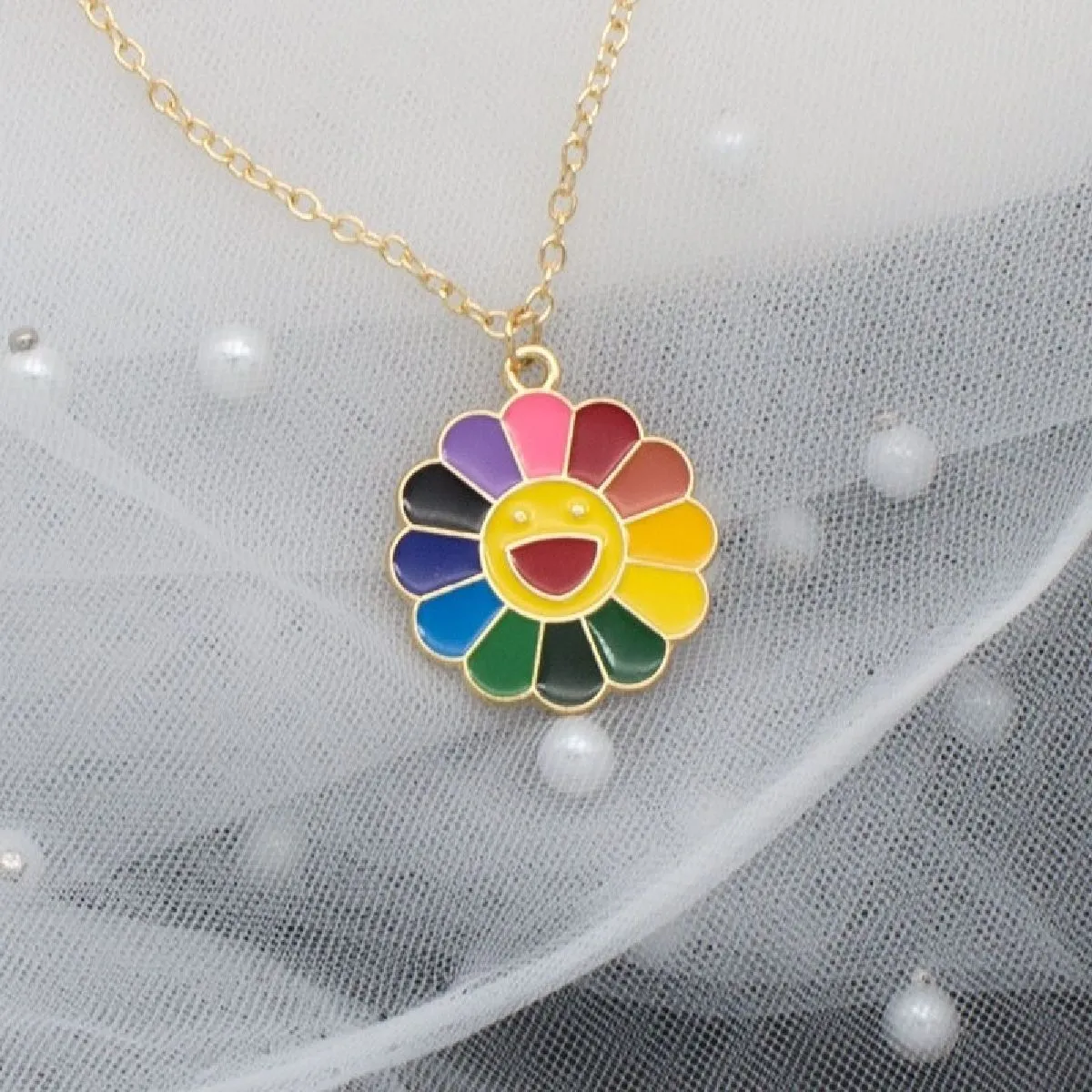 Brass With Enamel Multicolor Gold Smiley Rainbow Pendant For Women Girls