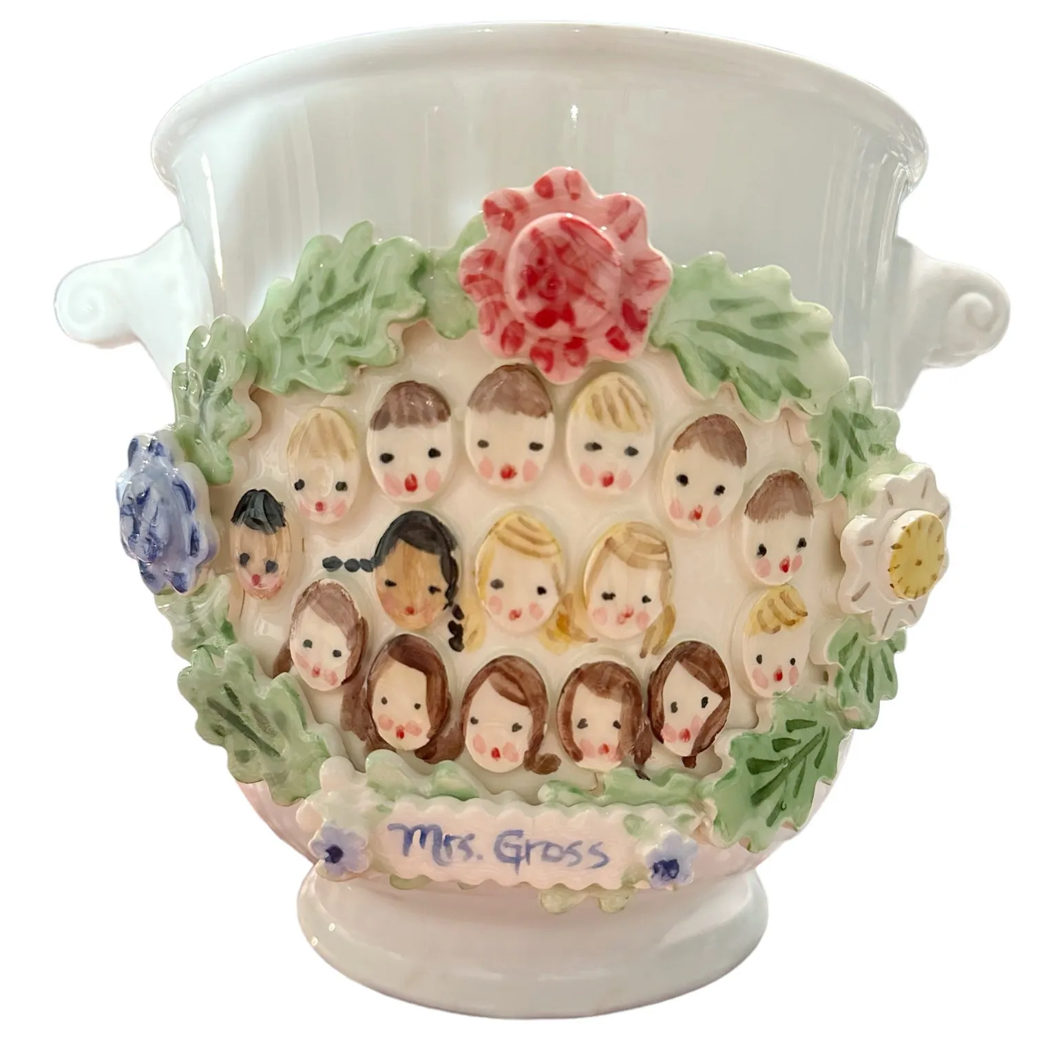 Cache Pot with Children's Faces - Primary Flowers