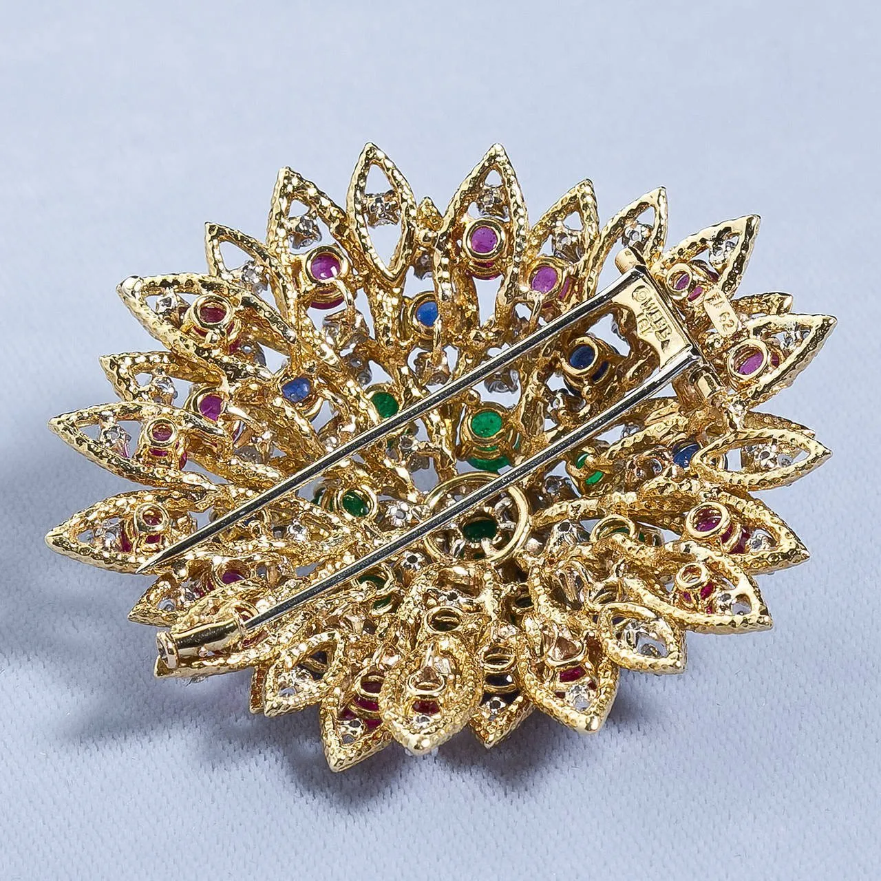 David Webb Multi Gem Ruby Emerald Sapphire Diamond Gold Flower Brooch