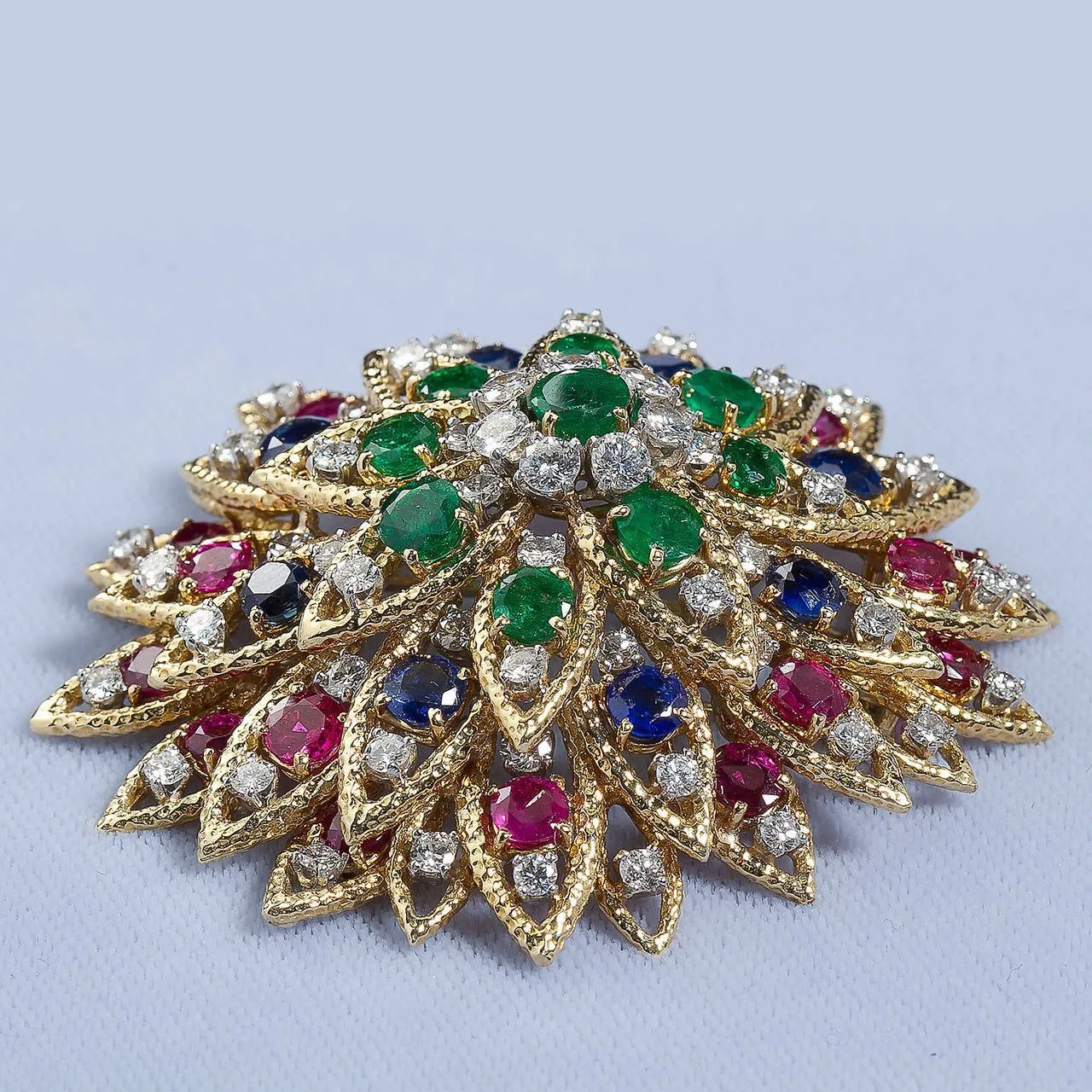 David Webb Multi Gem Ruby Emerald Sapphire Diamond Gold Flower Brooch