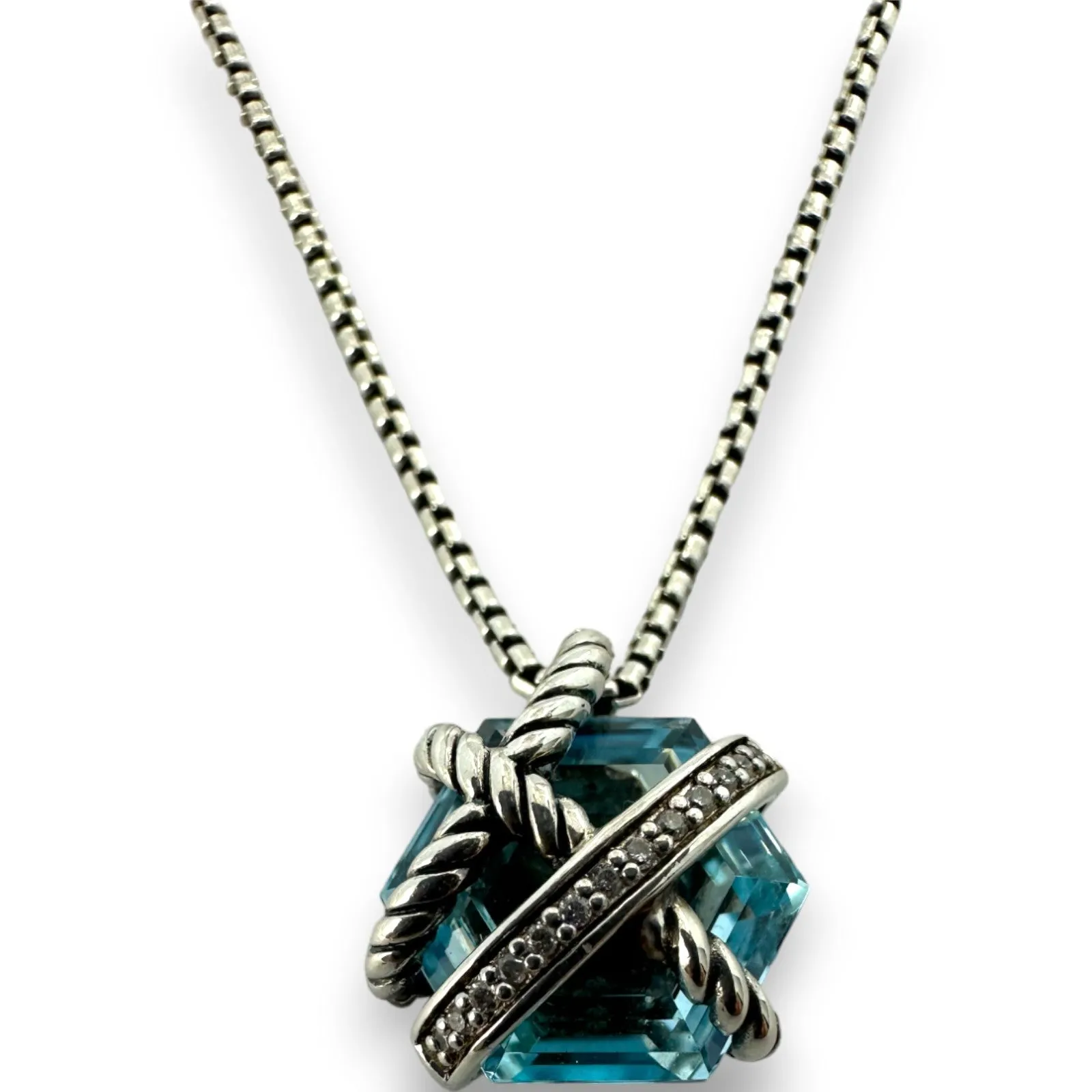 David Yurman Signed 925 Sterling Silver Cable Wrap Necklace with Blue Topaz and Diamonds Box Chain 18"