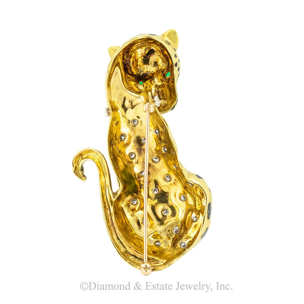 Diamond Black Enamel Yellow Gold Leopard Brooch