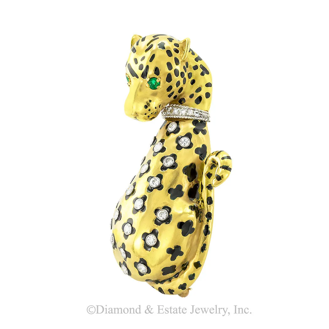 Diamond Black Enamel Yellow Gold Leopard Brooch