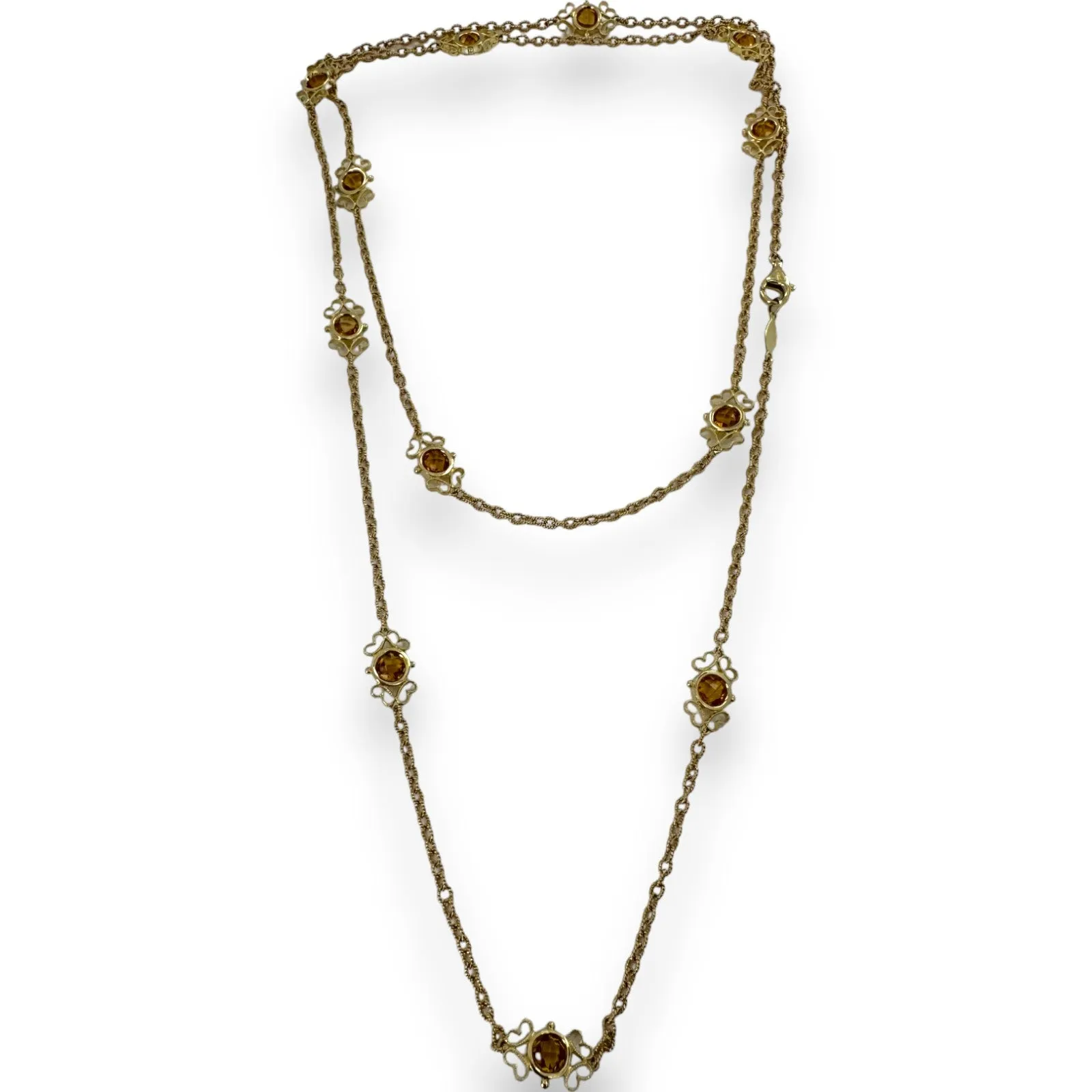 Gabriel and CO Solid 14kt Yellow Gold 12-Station Citrine Gemstone Necklace Textured Cable-Link Long 36" Chain