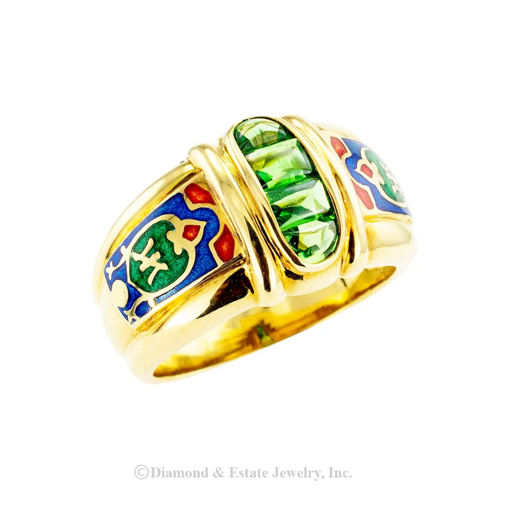 Green Tourmaline Polychrome Enamel Gold Band Ring