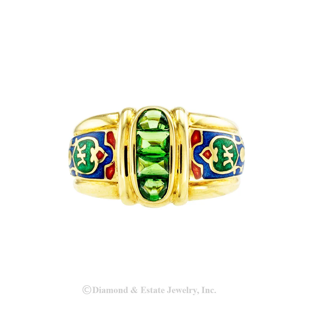 Green Tourmaline Polychrome Enamel Gold Band Ring