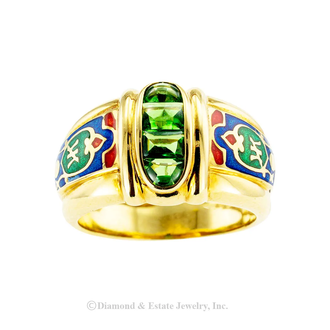 Green Tourmaline Polychrome Enamel Gold Band Ring