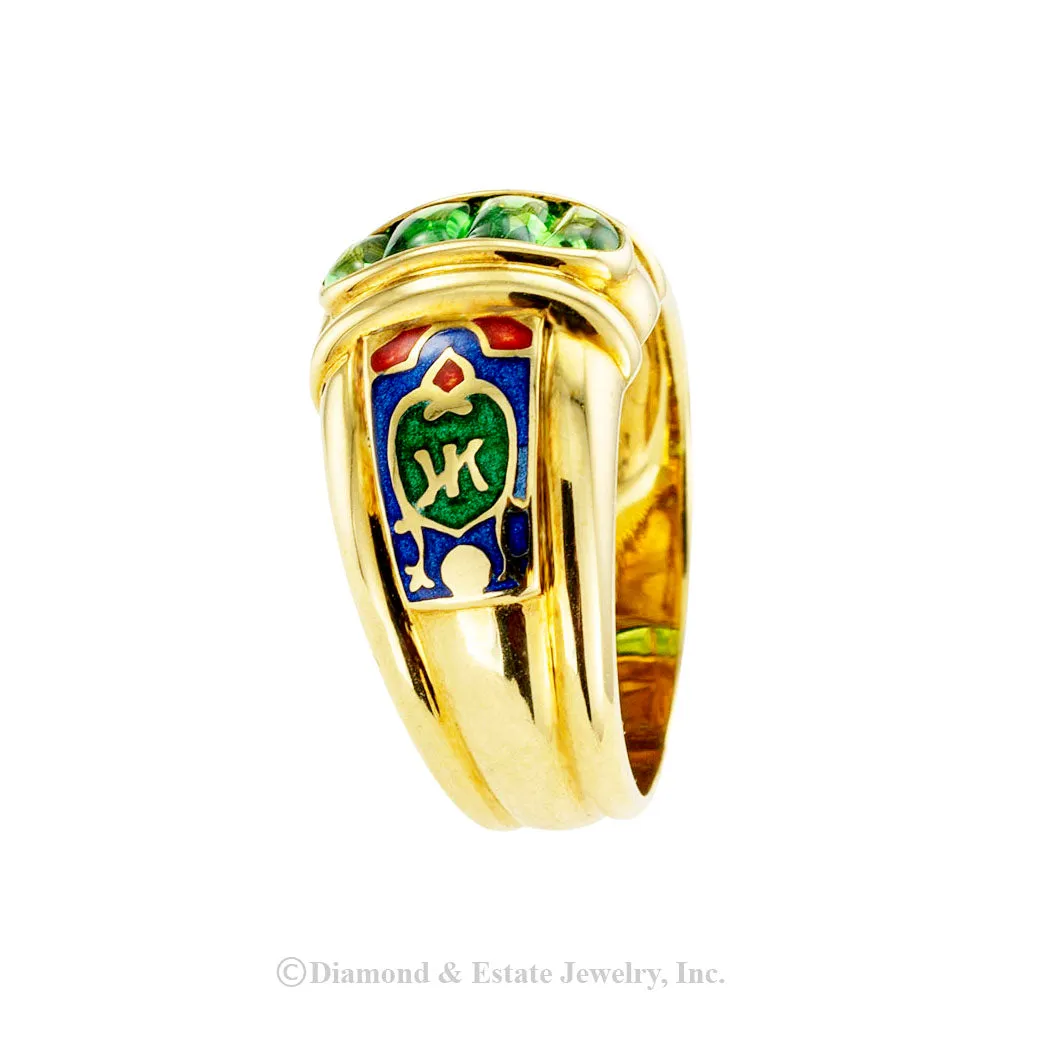 Green Tourmaline Polychrome Enamel Gold Band Ring