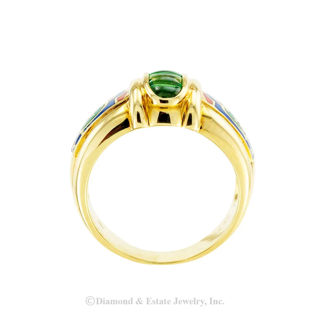 Green Tourmaline Polychrome Enamel Gold Band Ring