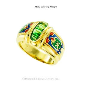 Green Tourmaline Polychrome Enamel Gold Band Ring