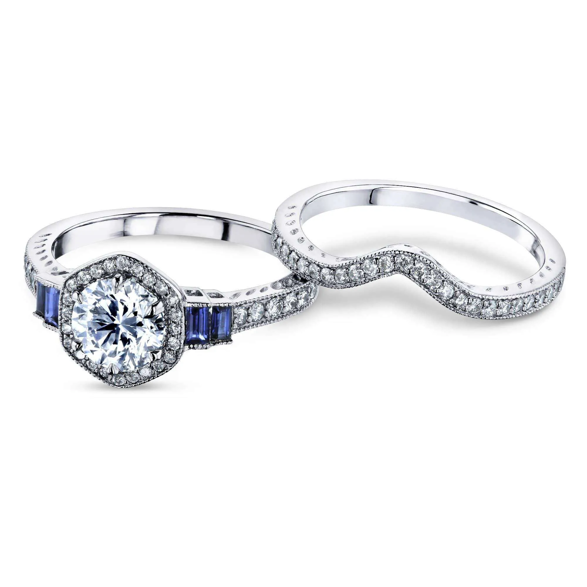 Hexagon Halo 1 Carat Natural Diamond & Sapphire Bridal Set (1-3/4ct.tw)