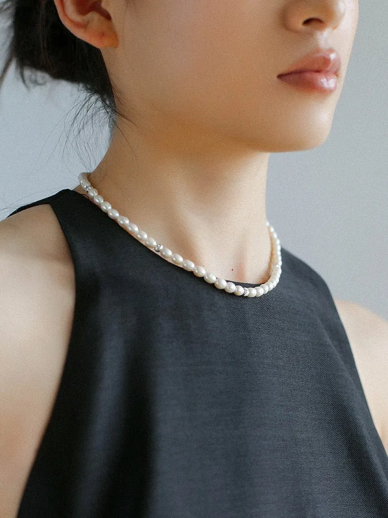 Minimalist Rice Freshwater Pearl Silver Bean Necklace-Rice Pearl