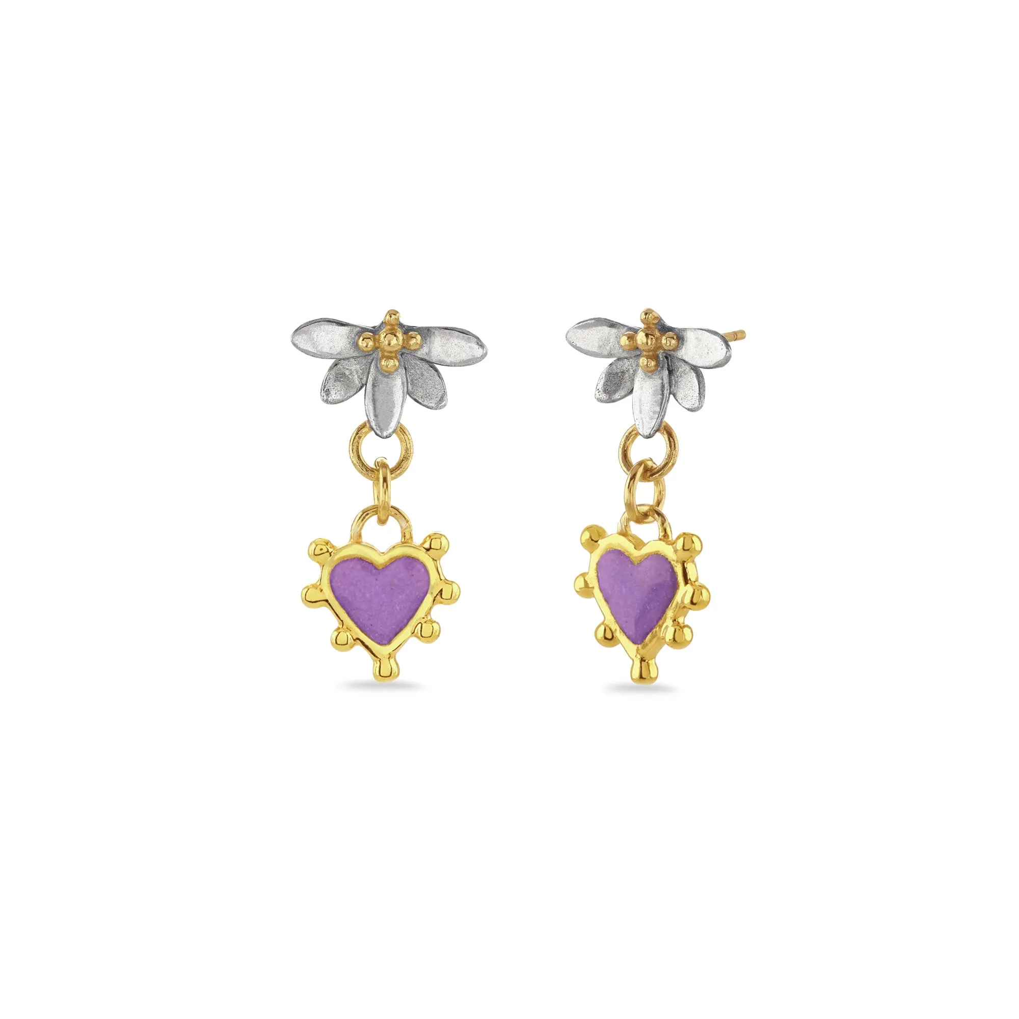 Moonlight Lotus & Enamel Heart Drop Earrings