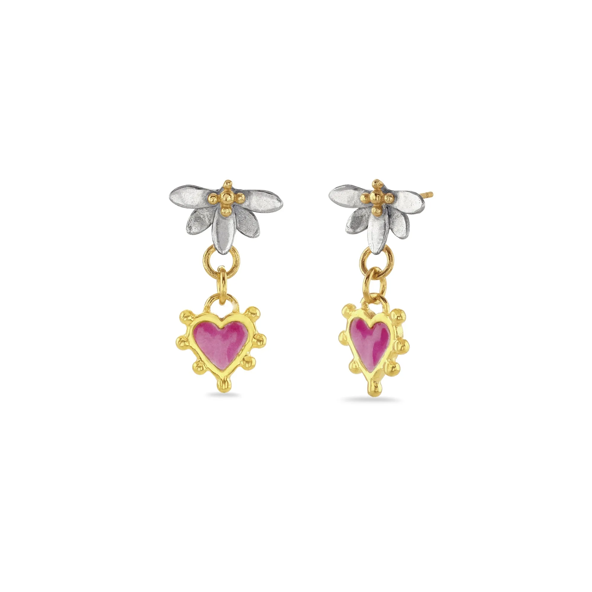 Moonlight Lotus & Enamel Heart Drop Earrings