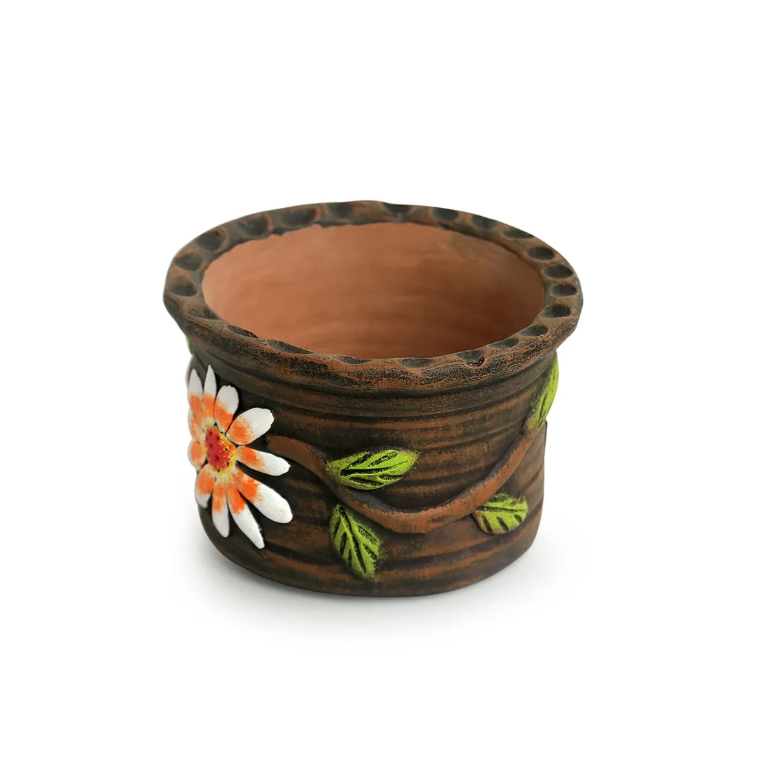 'Mud Blossom Pair' Handmade & Handpainted Terracotta Planter Pots (4 Inch, Set of 2)