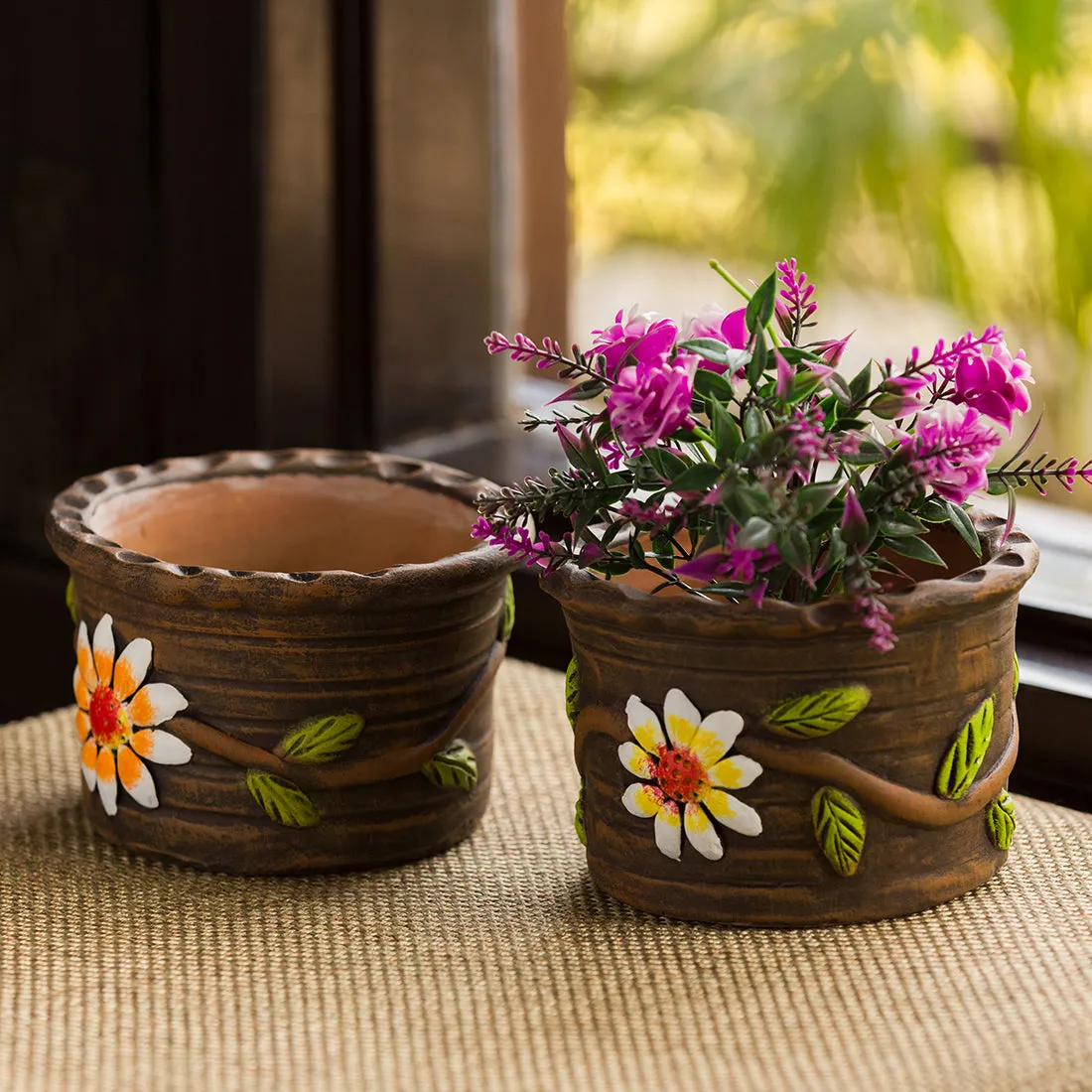 'Mud Blossom Pair' Handmade & Handpainted Terracotta Planter Pots (4 Inch, Set of 2)