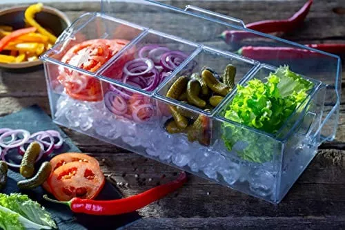 PIKANTY Condiment Server Caddy on Ice with Hinged Lid (4 Serving Tongs and Tray for Drinks included) Made in USA