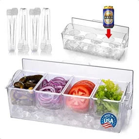 PIKANTY Condiment Server Caddy on Ice with Hinged Lid (4 Serving Tongs and Tray for Drinks included) Made in USA