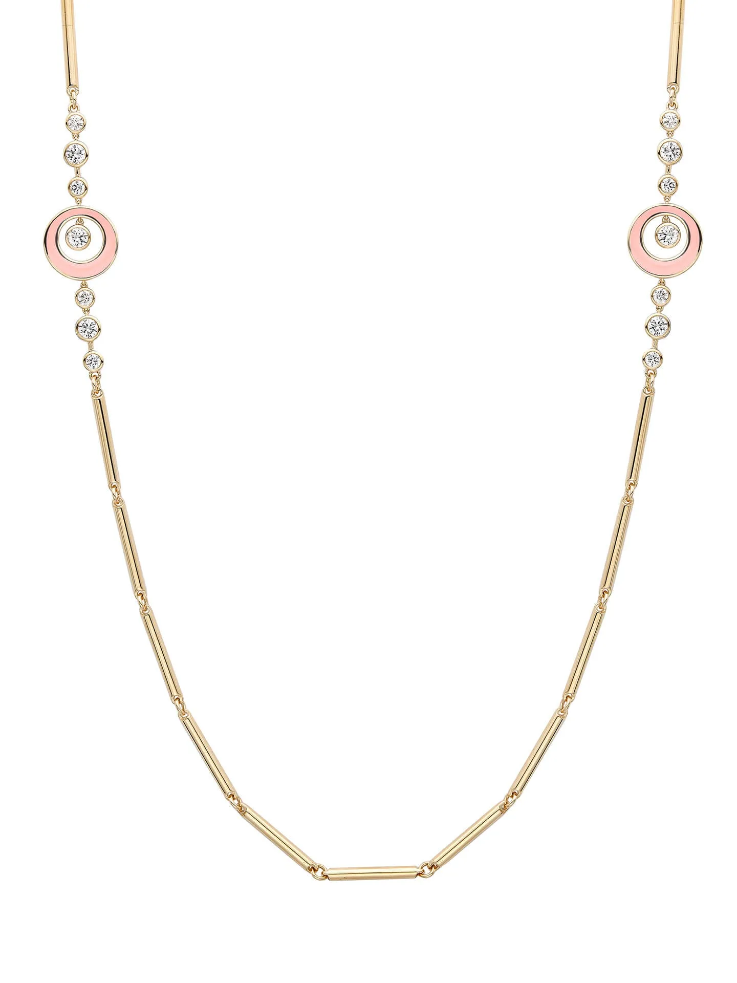 Raindance Diamond Pink Enamel Long Yellow Gold Necklace