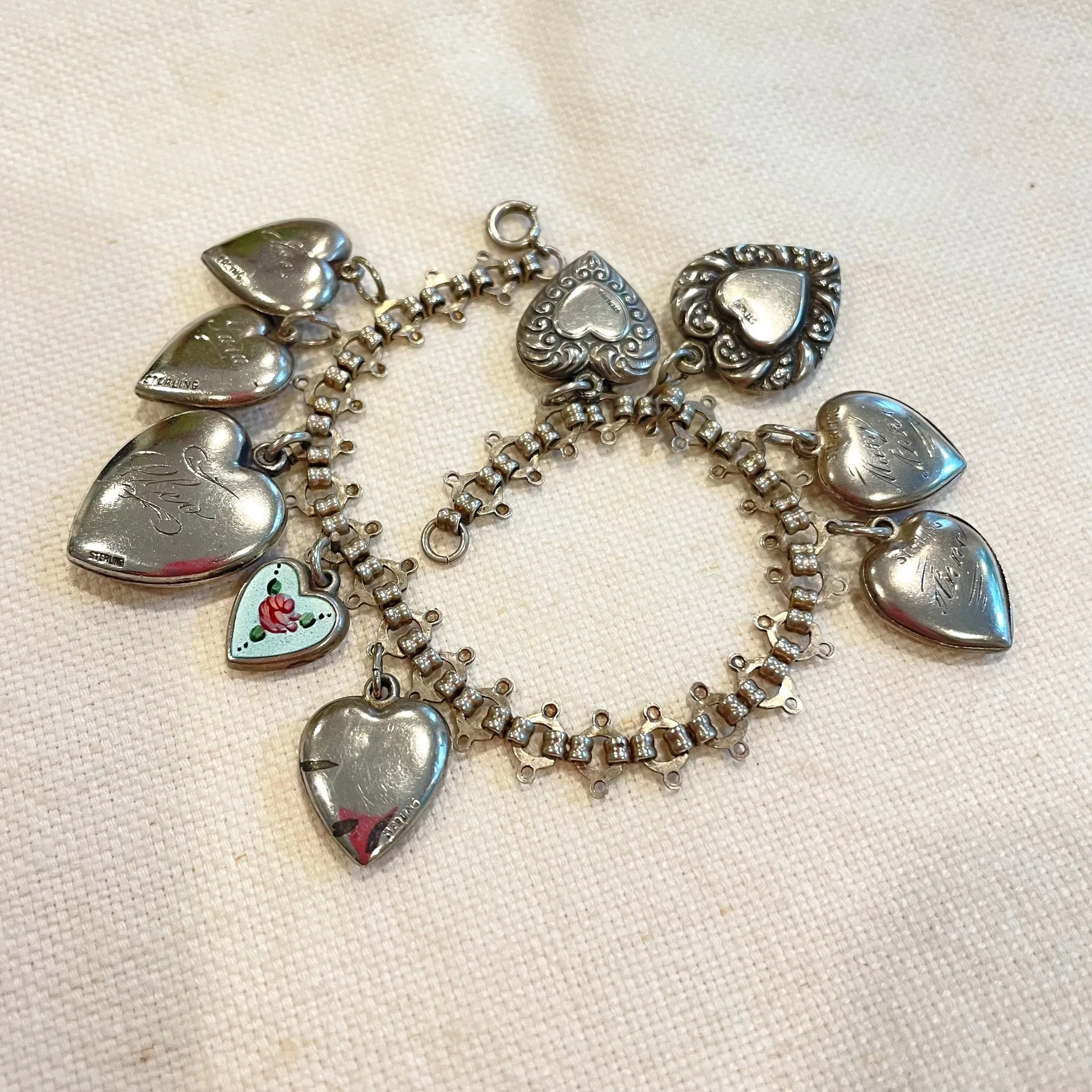 SOLD Vintage Sterling Charm Bracelet, Reversible Puffy Hearts, Etched Stamped Monogrammed