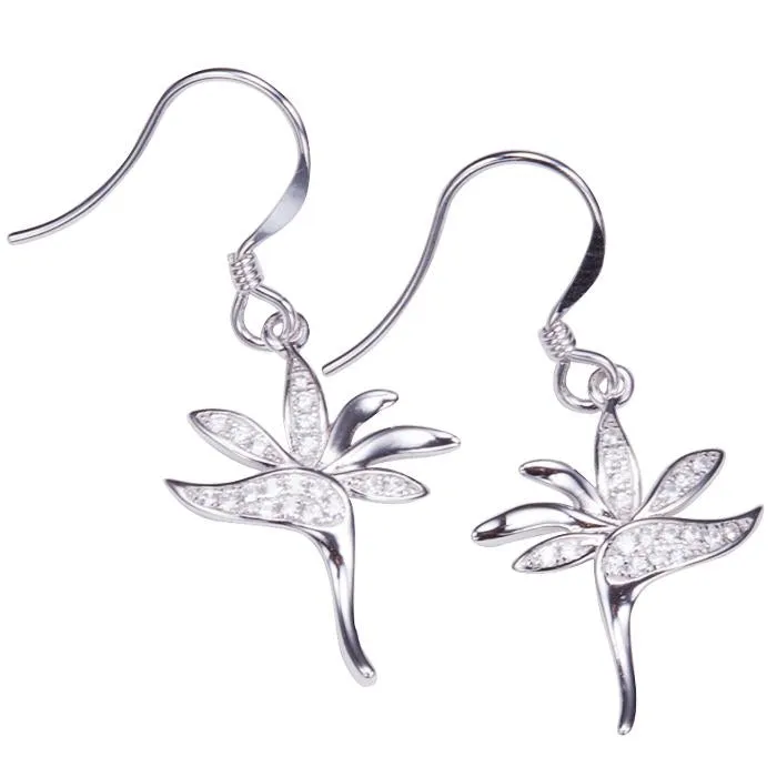 Sterling Silver Bird of Paradise Pave CZ Hook Earrings