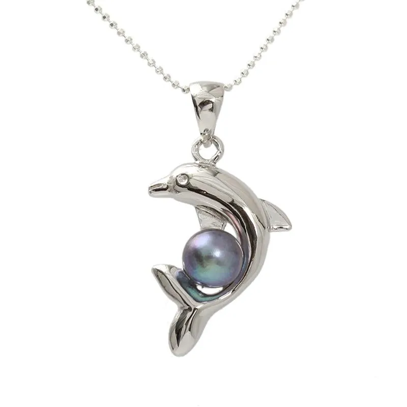 Sterling Silver Dolphin with Grey Fresh Water Pearl Pendant (Chain Sold Separately)