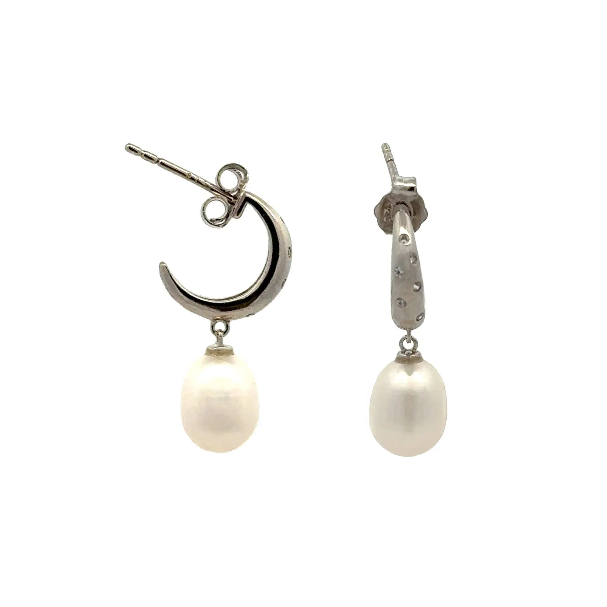 Sterling Silver Freshwater Pearl and Cubic Zirconia Drop Earrings