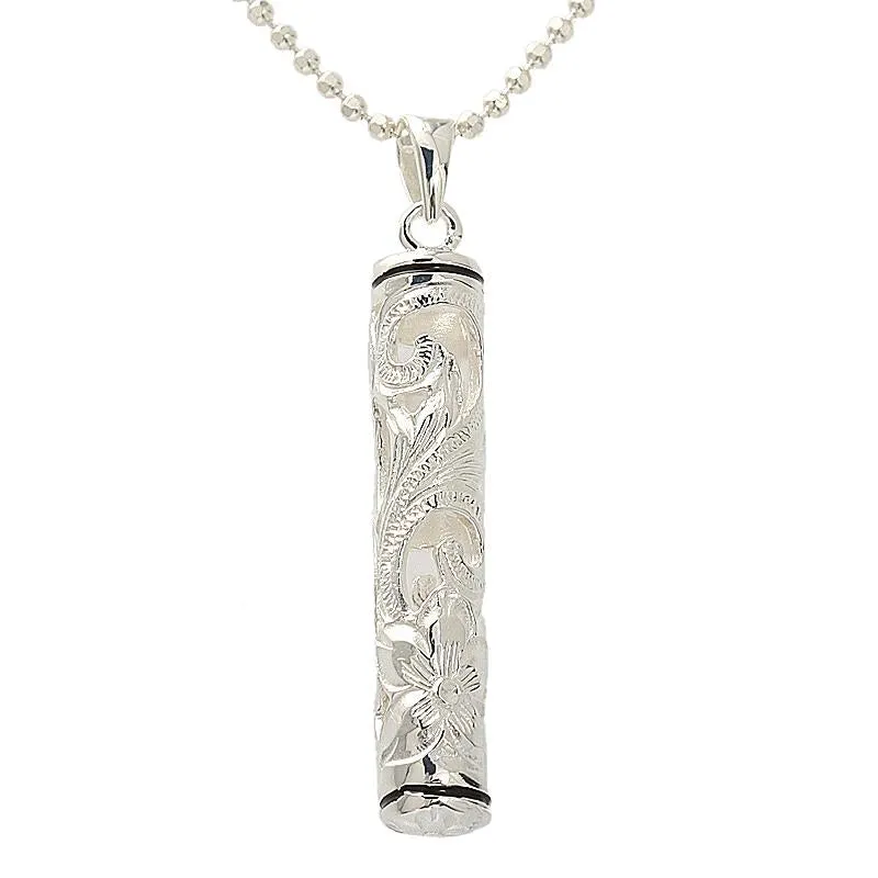 Sterling Silver Hawaiian Scroll Cut Out Black Border Tube Pendant (Chain Sold Separately)