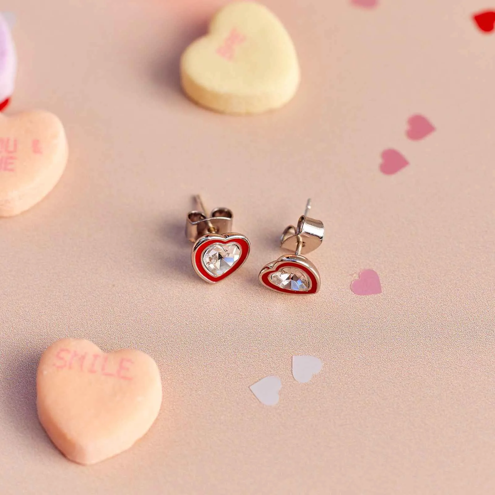 Stone & Enamel Heart Stud Earrings