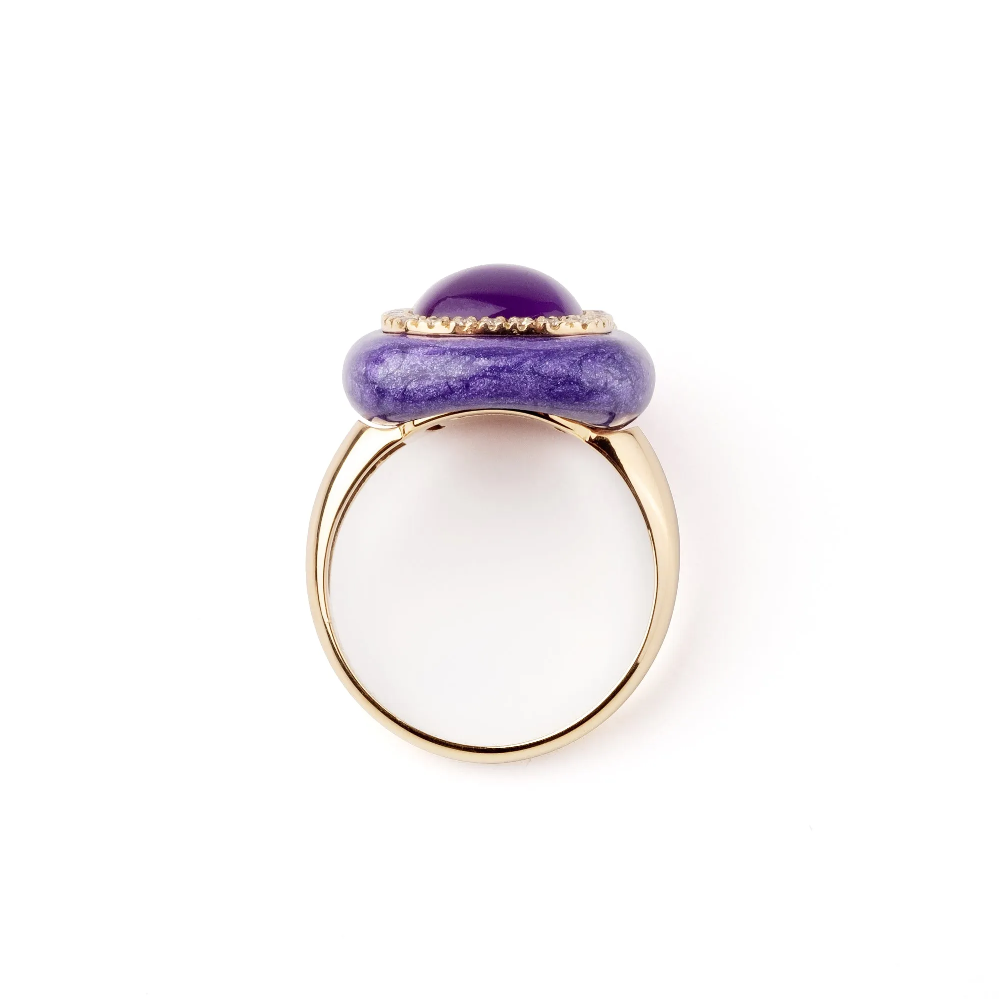 Violet enamel and amethyst 18k yellow gold and diamond ring