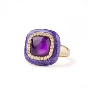 Violet enamel and amethyst 18k yellow gold and diamond ring